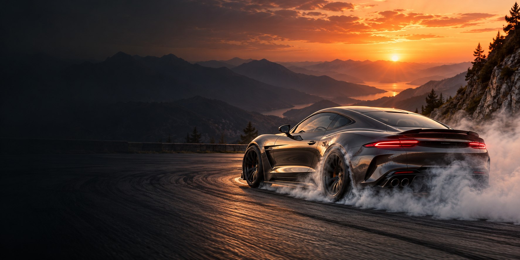 Sports coupe on a mountain circuit at sunset