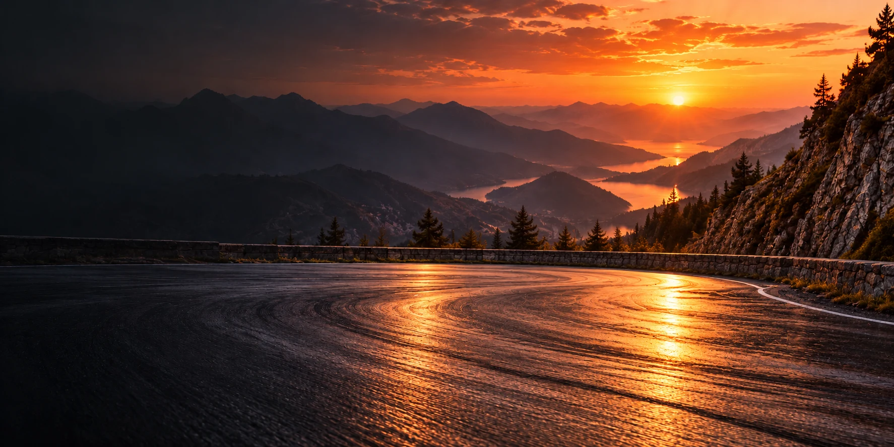A clear view through a mountain circuit at sunset